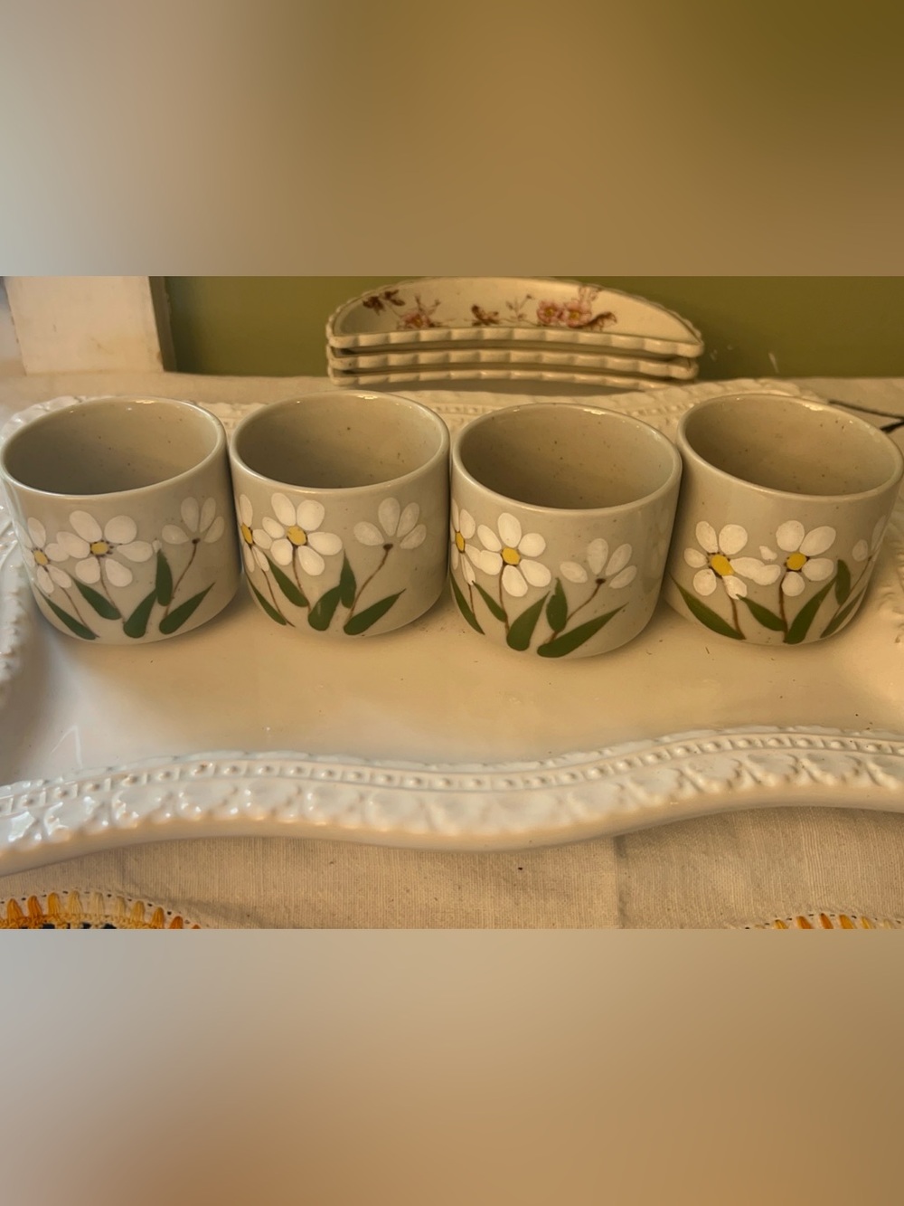 Vintage Otagiri Japanese Stoneware Cups with hand painted Daisy Motif Set of 4